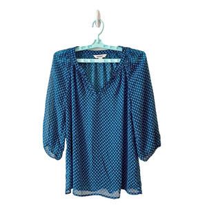 Old Navy Top Womens Size S Tunic Blouse Blue White 3/4 Sleeve Sheer Gauzy